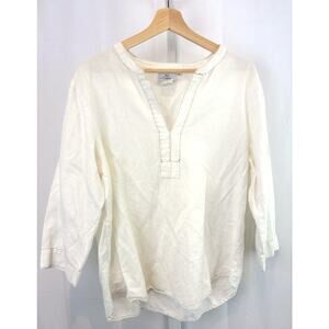 HOT COTTON Size L Popover Top V Neck 3/4 Sleeve Cotton Linen White Navy Blue USA